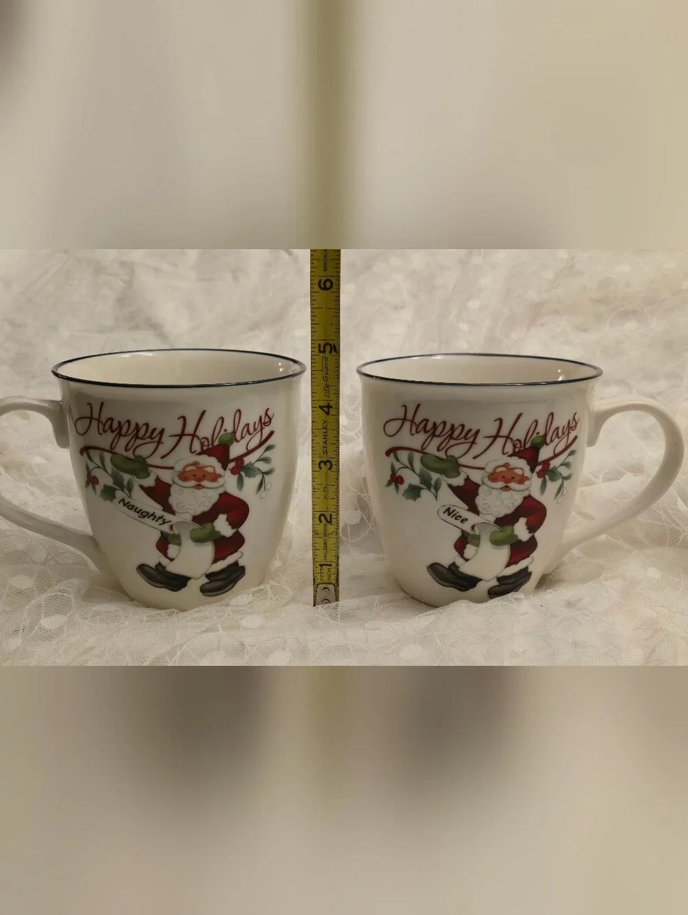Pfaltzgraff Winterberry Santa Naughty /  Nice List Mugs  NEW w/BOX